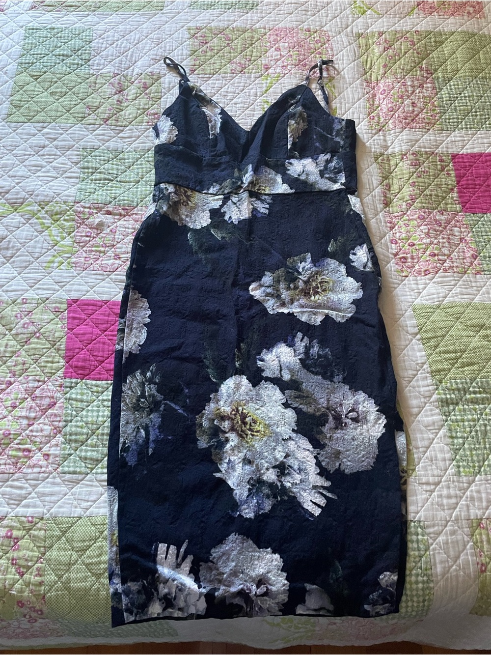 Dynamite Navy Floral Midi Dress with White and Gray Blooms